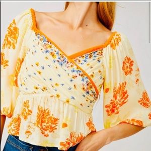 Free People Floral Peasant Top in Orange and Cream